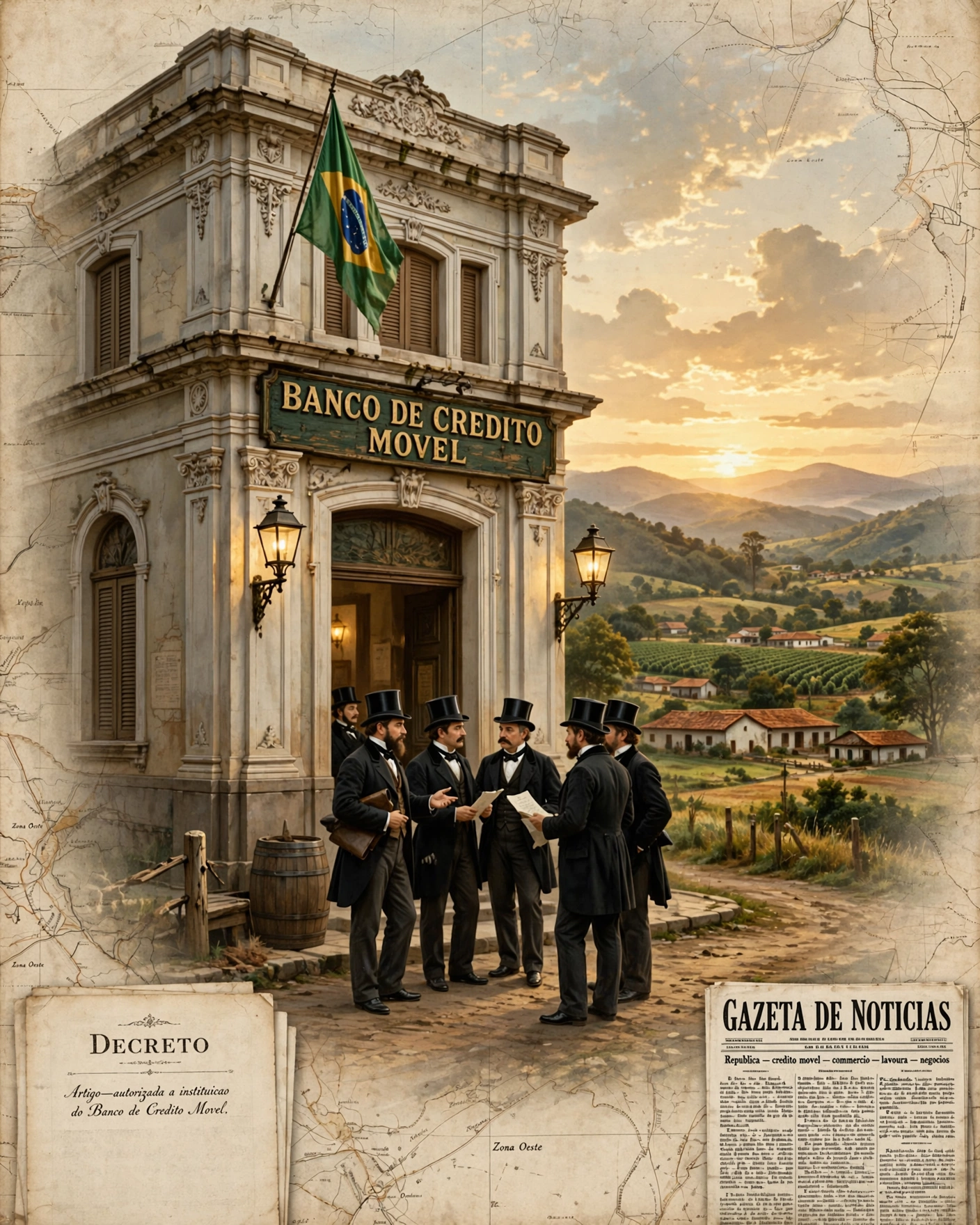 Ilustração histórica da sede do Banco de Crédito Móvel em 1890, com acionistas de cartola à porta e as terras da Zona Oeste ao fundo.